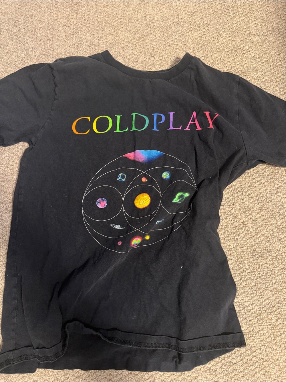 Coldplay Black Short Sleeve Logo Tee with Rainbow Planet Graphic